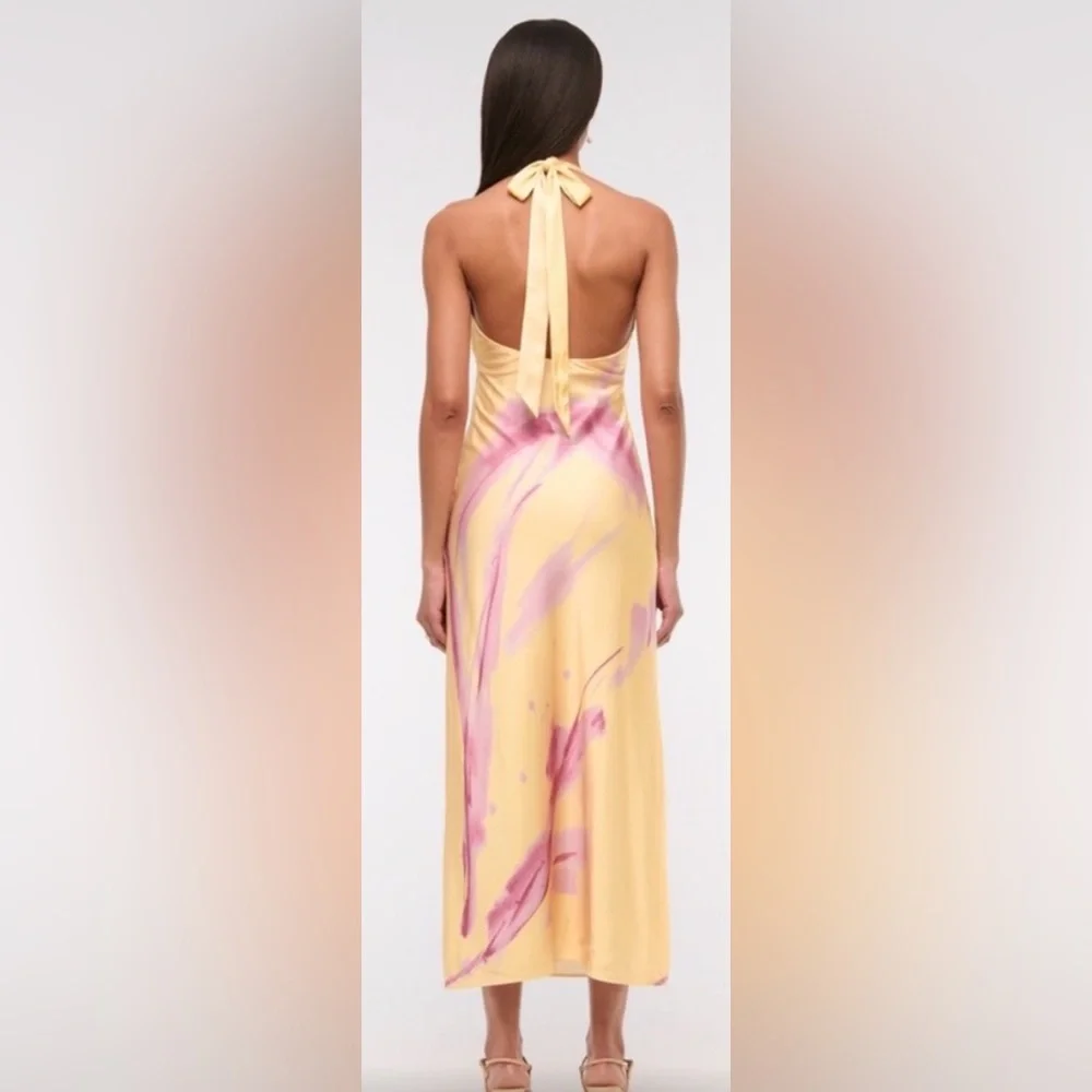 Abercrombie and Fitch Yellow Halter V-Neck Dress with Pink Accents